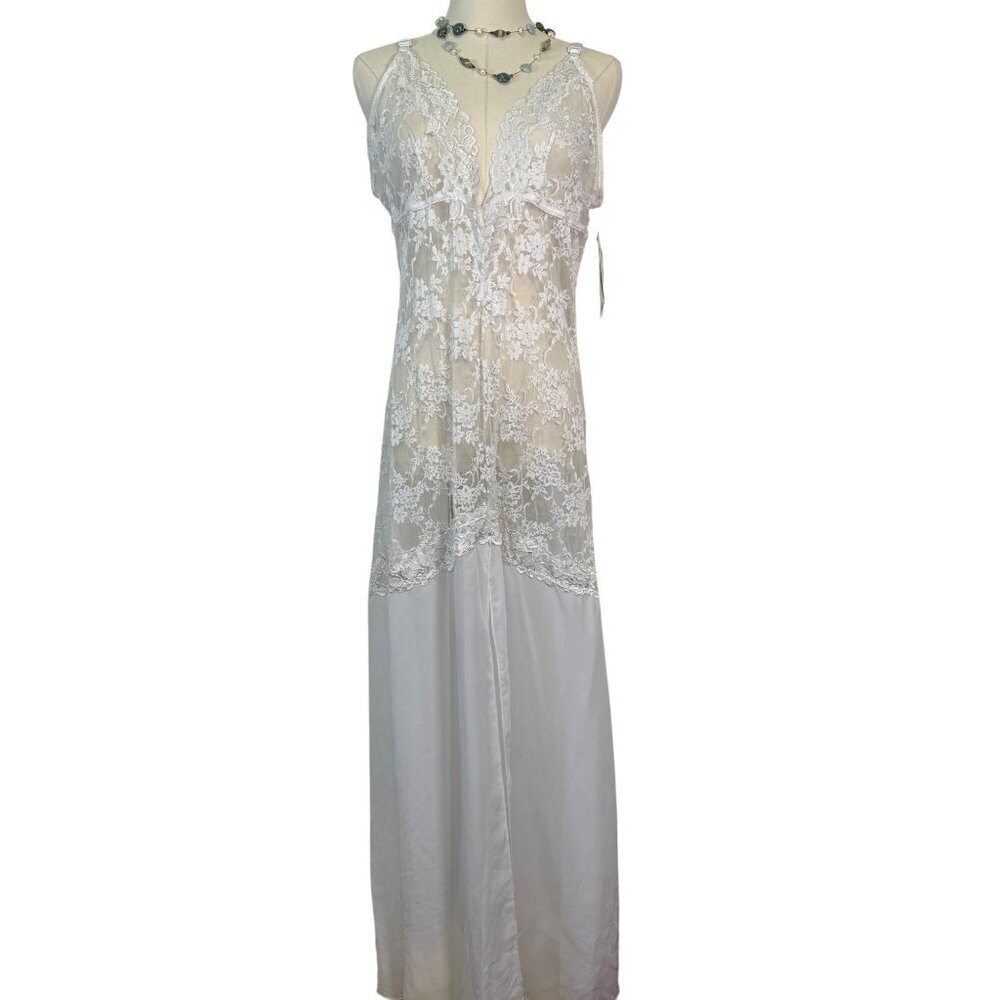 Womens White Lace Bust Sheer Long NightGown With Slit Bridal Romantic Lingerie